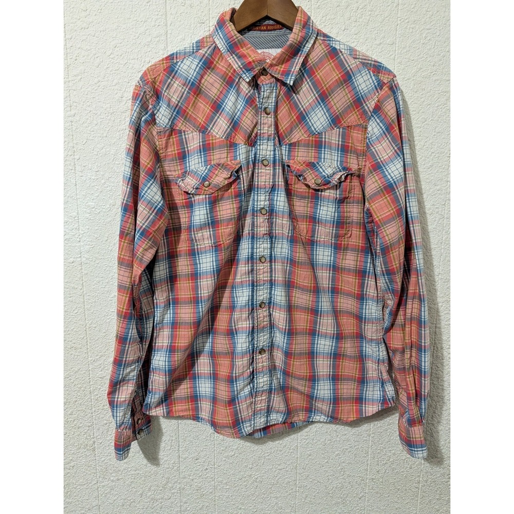 Christian audigier Pearl Snap Button Up Shirt, Men's Large, Plaid, Long sleeve